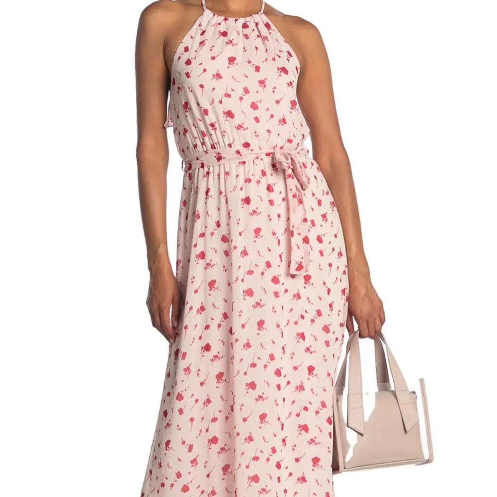 Lush Floral Print Waist Tie Ruffle Back Midi Dress